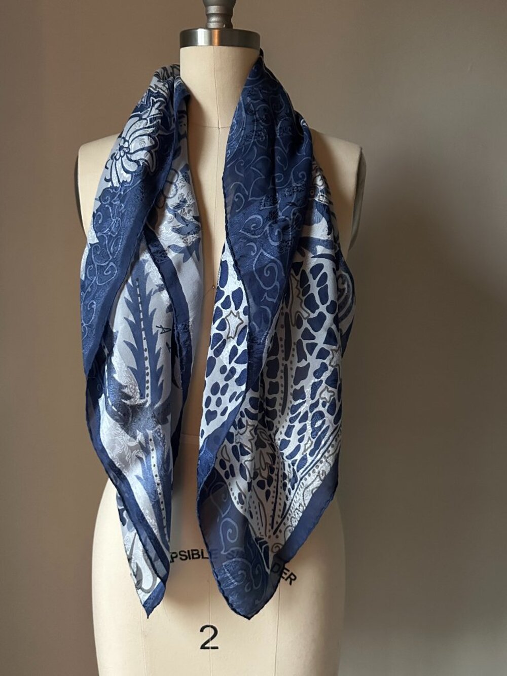 Oversized Silk Scarf 33x33 Blue White Floral Paisley | French Coastal Style